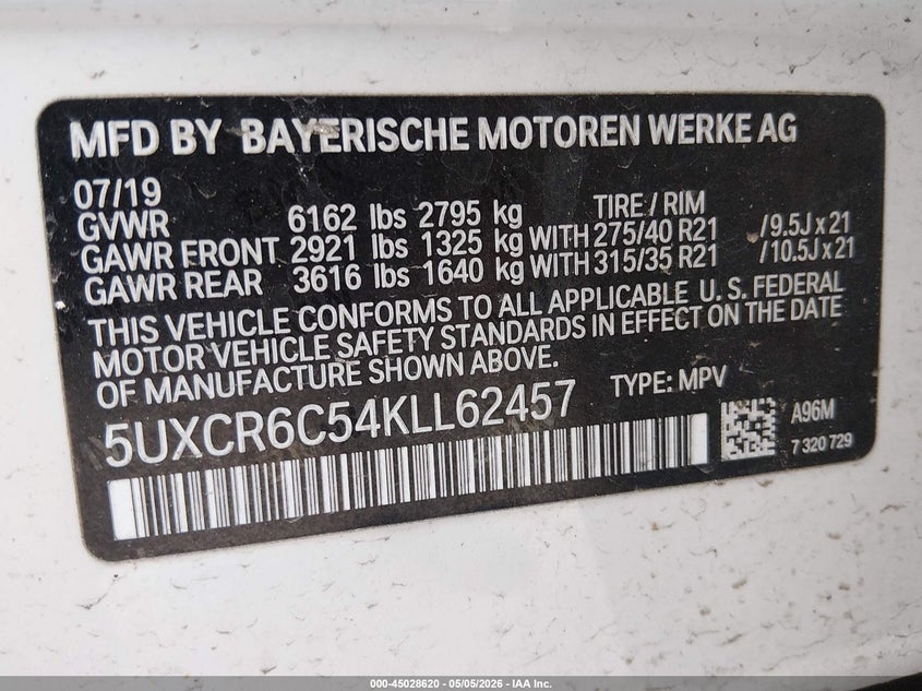 2019 BMW X5 VIN 5UXCR6C54KLL62457 IAAI salvage auction — ROLLOVER, Salvage Title, sold $350 on 2026-07-28 (photo 9)
