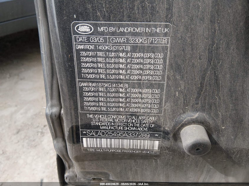 2005 Land rover Lr3 VIN SALAD25495A337289 IAAI salvage auction — SIDE, Original (Texas), sold $700 on 2026-07-06 (photo 9)
