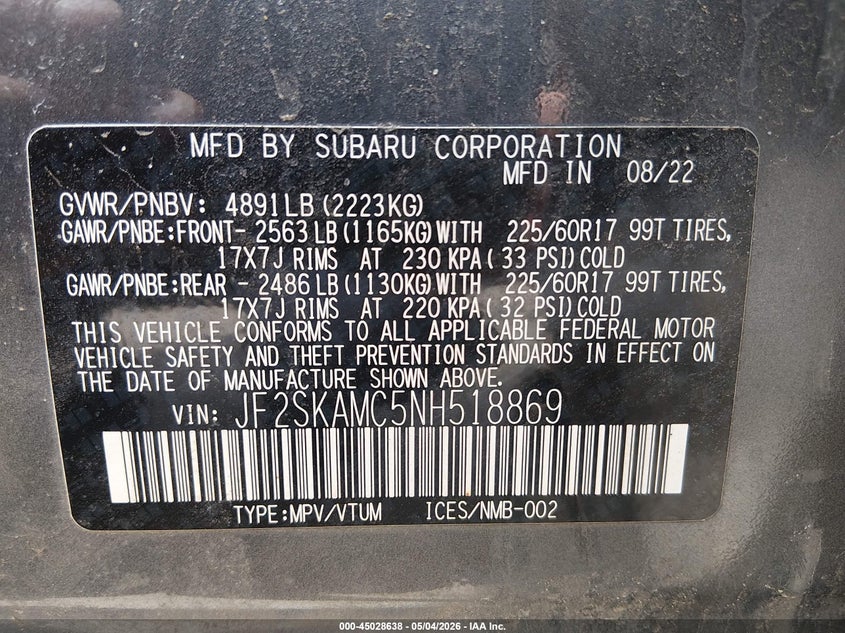 2022 Subaru Forester VIN JF2SKAMC5NH518869 IAAI salvage auction — RIGHT FRONT, Salvage (Maine), sold $4,350 on 2026-07-13 (photo 9)