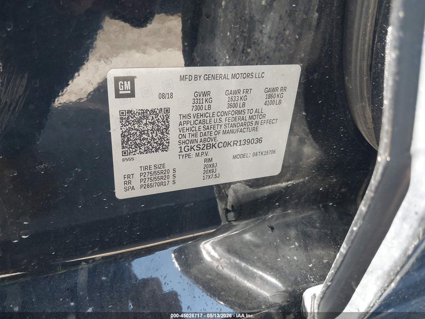 2019 Gmc Yukon VIN 1GKS2BKC0KR139036 IAAI salvage auction — LEFT REAR, Salvage (Missouri), sold $8,500 on 2026-08-21 (photo 9)