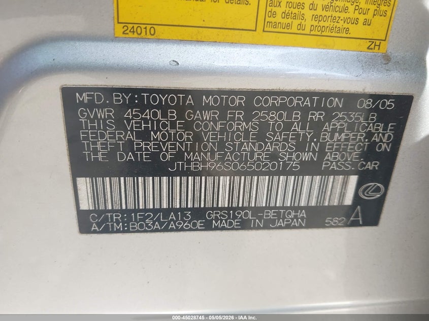 2006 Lexus Gs 300 VIN JTHBH96S065020175 IAAI salvage auction — UNDERCARRIAGE, Junk Receipt (North Carolina), sold $725 on 2026-07-17 (photo 9)