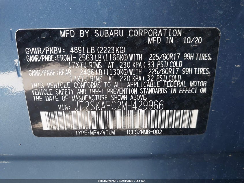 2021 Subaru Forester VIN JF2SKAFC2MH429966 IAAI salvage auction — LEFT FRONT, Salvage Title, sold $1,600 on 2026-07-15 (photo 9)