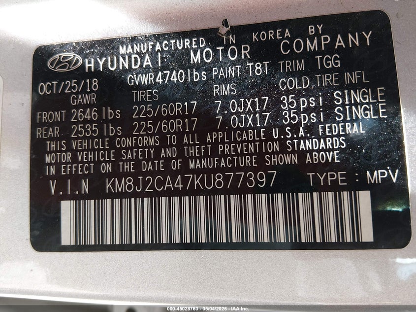 2019 Hyundai Tucson VIN KM8J2CA47KU877397 IAAI salvage auction — REAR END, Salvage Title, sold $2,400 on 2026-07-29 (photo 9)