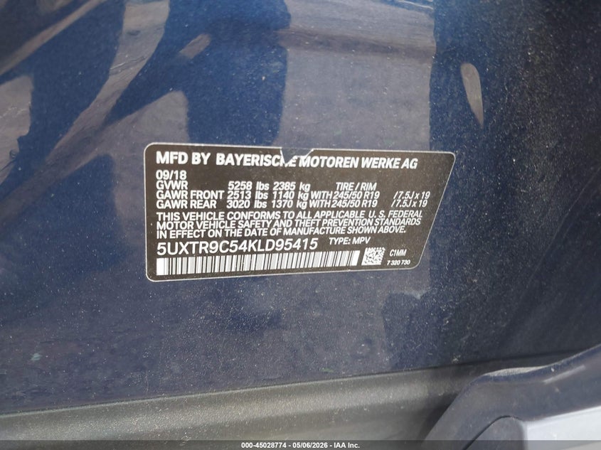 2019 BMW X3 VIN 5UXTR9C54KLD95415 IAAI salvage auction — FRONT END, Salvage (Massachusetts), sold $8,300 on 2026-07-16 (photo 9)