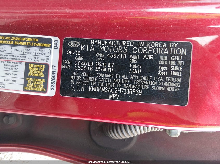 2017 Kia Sportage VIN KNDPM3AC2H7136839 IAAI salvage auction — FRONT END, Salvage Title, sold $825 on 2026-07-28 (photo 9)