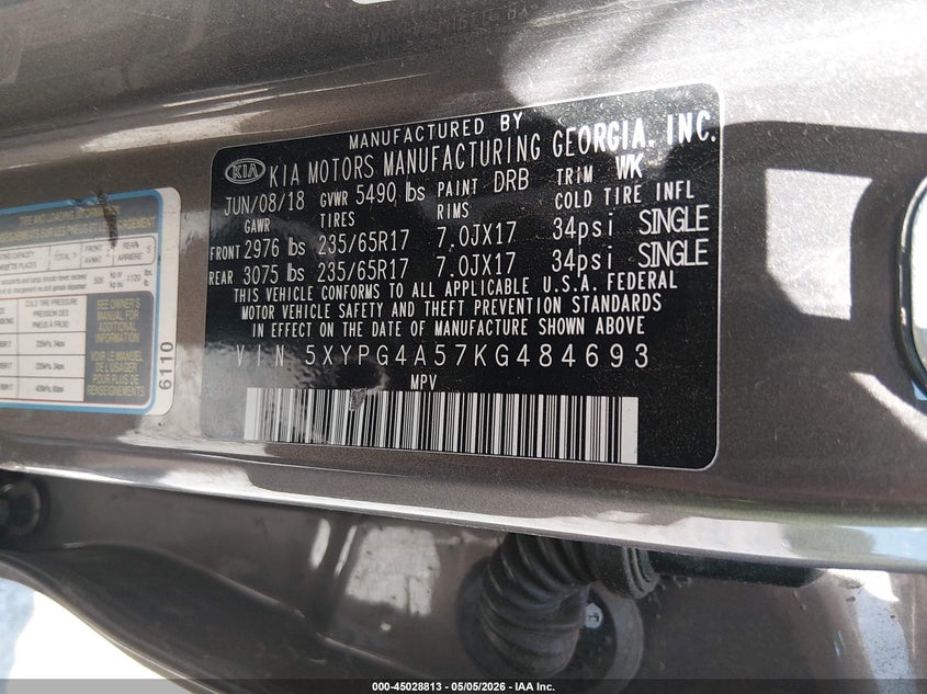 2019 Kia Sorento VIN 5XYPG4A57KG484693 IAAI salvage auction — ROLLOVER, Salvage (South Carolina), sold $25 on 2026-07-21 (photo 9)