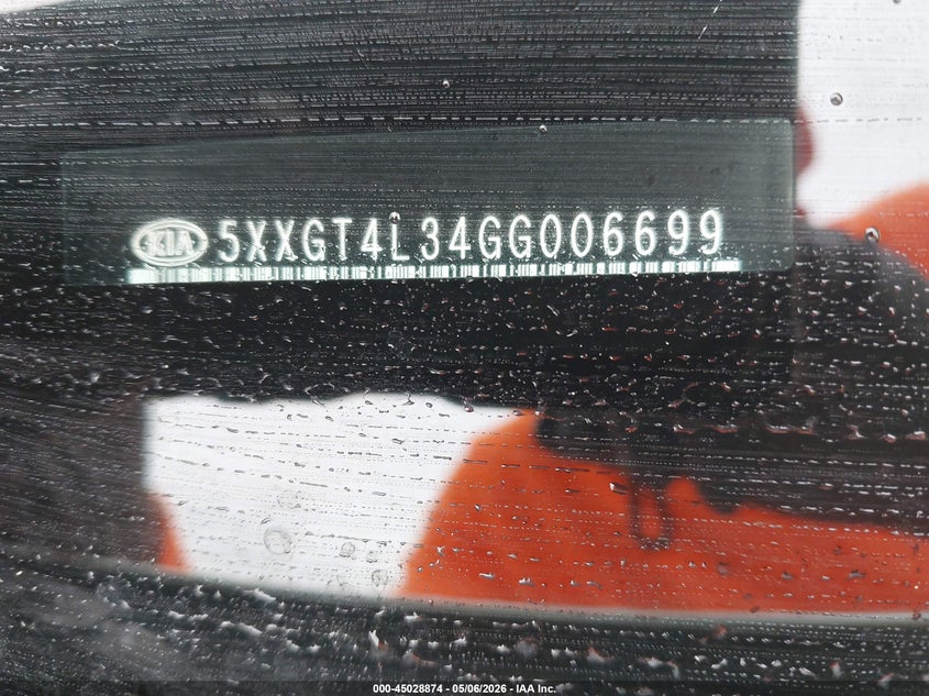 2016 Kia Optima VIN 5XXGT4L34GG006699 IAAI salvage auction — UNKNOWN, Clear (Virginia), sold $775 on 2026-07-14 (photo 9)