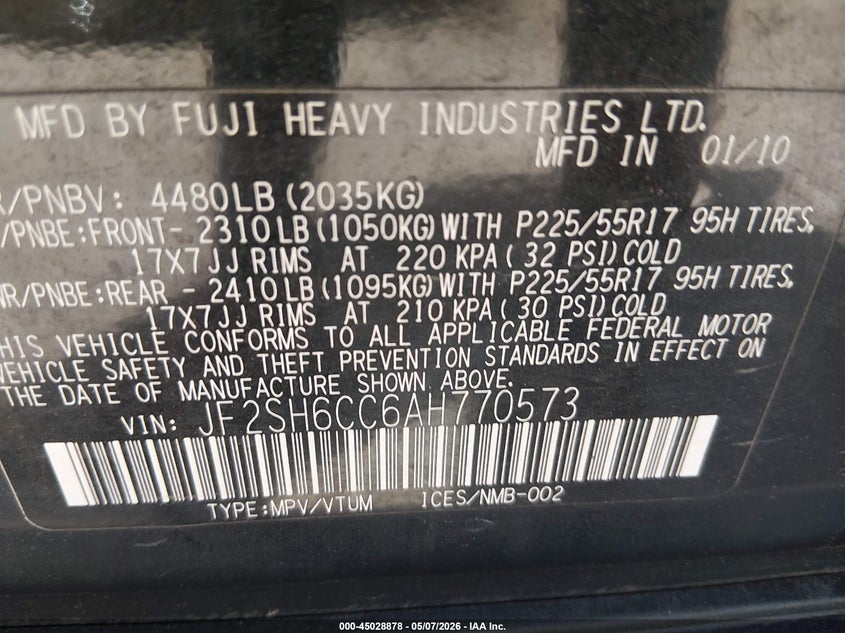 2010 Subaru Forester VIN JF2SH6CC6AH770573 IAAI salvage auction — FRONT & REAR, Salvage (Colorado), sold $425 on 2026-07-14 (photo 9)