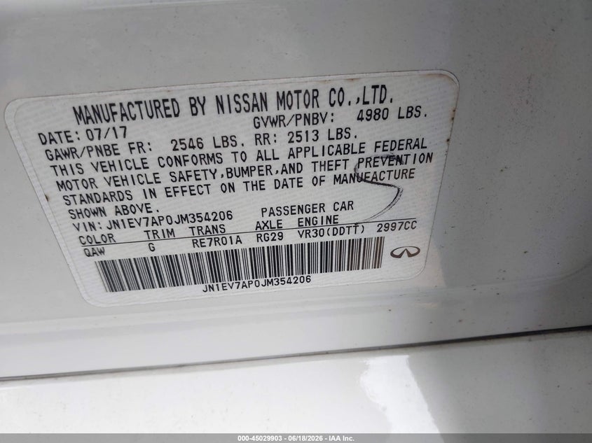 2018 Infiniti Q50 VIN JN1EV7AP0JM354206 IAAI salvage auction — ALL OVER, Salvage Non-Reb (South Carolina), sold $600 on 2026-07-14 (photo 9)
