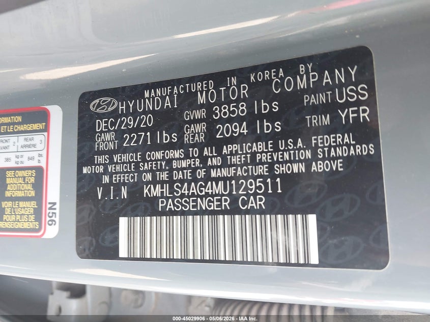 2021 Hyundai Elantra VIN KMHLS4AG4MU129511 IAAI salvage auction — FRONT END, Salvage (Texas), sold $2,550 on 2026-08-01 (photo 9)