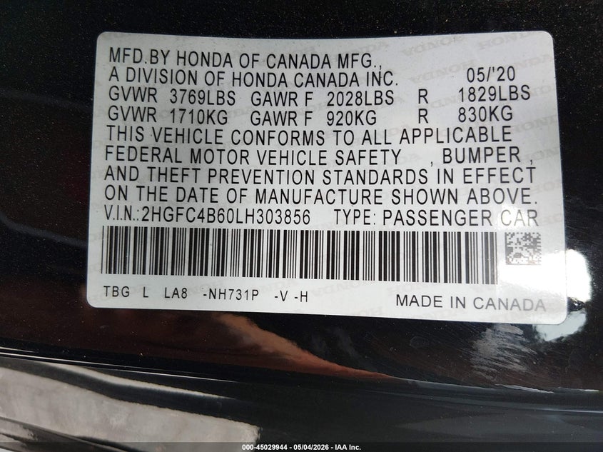 2020 Honda Civic VIN 2HGFC4B60LH303856 IAAI salvage auction — FRONT END, Salvage (California), sold $3,225 on 2026-07-09 (photo 9)