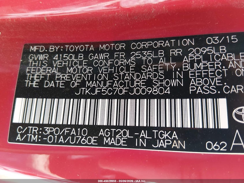 2015 Scion Tc VIN JTKJF5C70FJ009804 IAAI salvage auction — FRONT END, Salvage (Nevada), sold $1,700 on 2026-07-21 (photo 9)