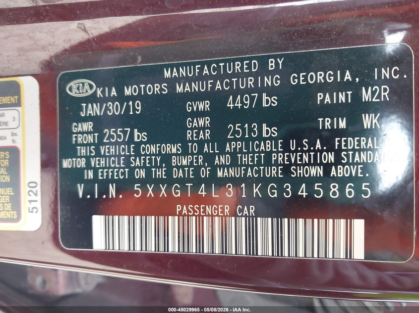 2019 Kia Optima VIN 5XXGT4L31KG345865 IAAI salvage auction — REPOSSESSION, Salvage (Illinois), sold $575 on 2026-07-07 (photo 9)