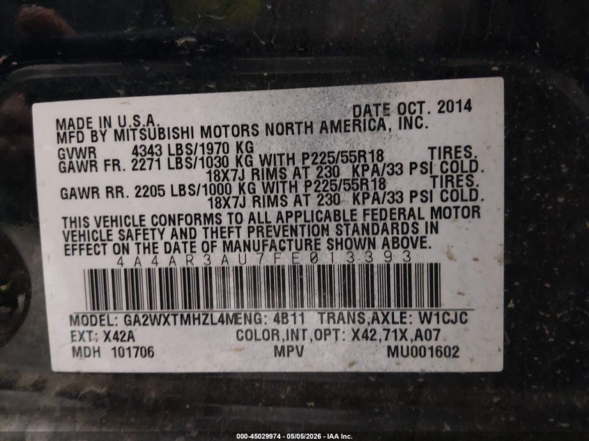 2015 Mitsubishi Outlander sport VIN 4A4AR3AU7FE013393 IAAI salvage auction — NORMAL WEAR, Original - Reconstructed (Alaska), sold $100 on 2026-07-10 (photo 9)