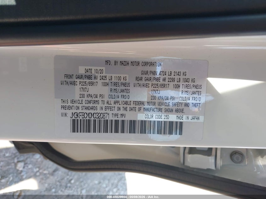 2021 Mazda Cx-5 VIN JM3KFBCM0M0320871 IAAI salvage auction — HAIL, Salvage (Missouri), sold $8,225 on 2026-07-20 (photo 9)