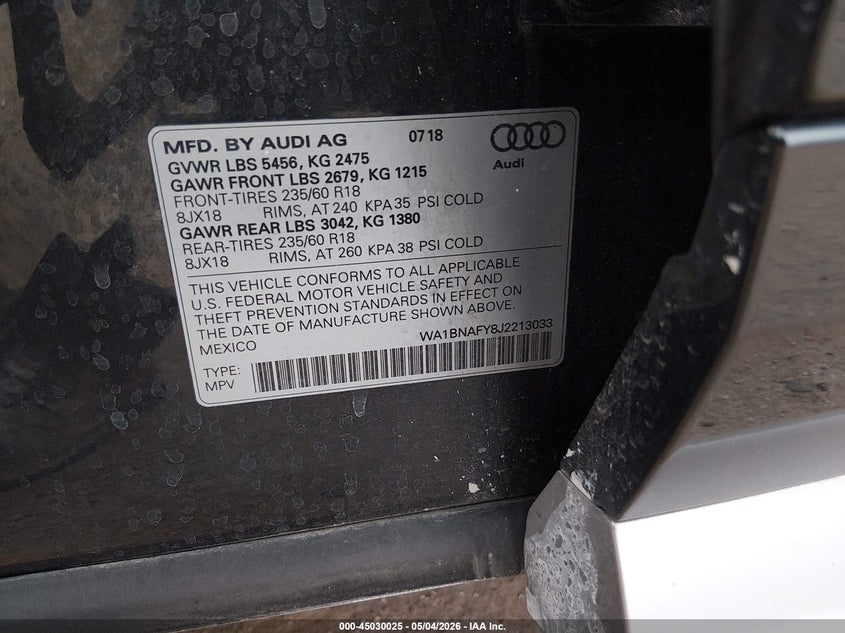 2018 Audi Q5 VIN WA1BNAFY8J2213033 IAAI salvage auction — RIGHT FRONT, Salvage (Arizona), sold $8,200 on 2026-07-09 (photo 9)