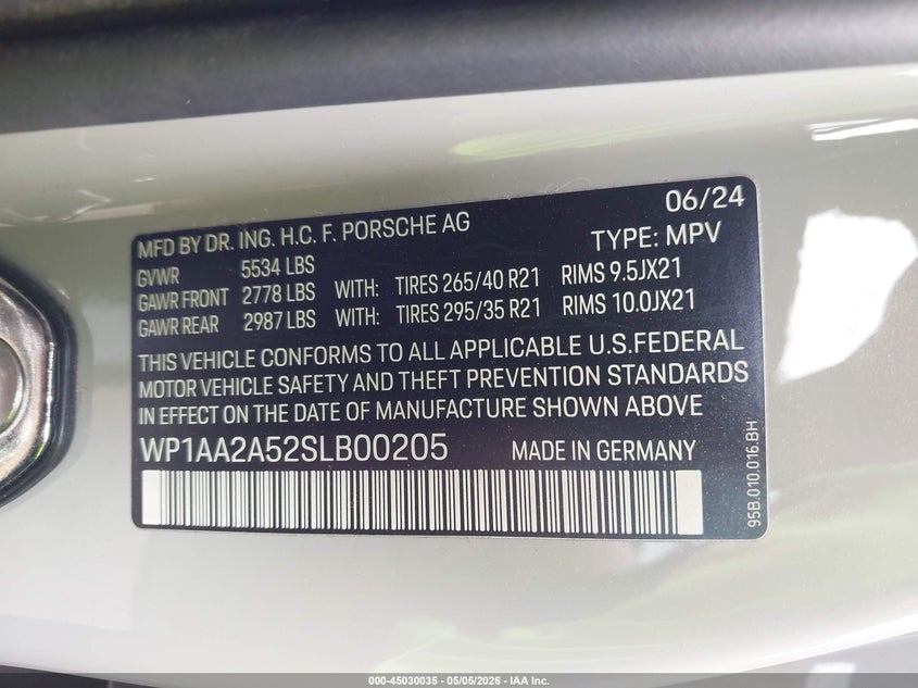 2025 Porsche Macan VIN WP1AA2A52SLB00205 IAAI salvage auction — FRONT END, Salvage Title, sold $33,000 on 2026-08-10 (photo 9)