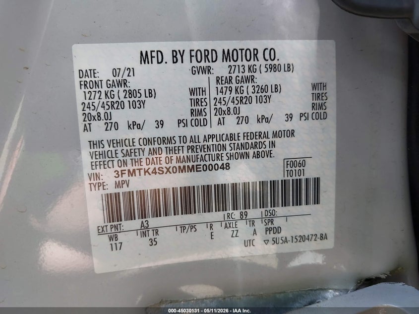2021 Ford Mustang mach-e VIN 3FMTK4SX0MME00048 IAAI salvage auction — SIDE, Bill Of Sale (Washington), sold $8,800 on 2026-07-29 (photo 9)