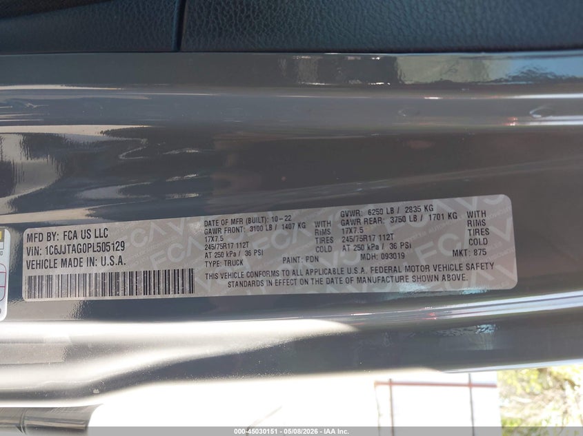 2023 Jeep Gladiator VIN 1C6JJTAG0PL505129 IAAI salvage auction — SIDE, Salvage (Idaho), sold $15,600 on 2026-07-12 (photo 9)