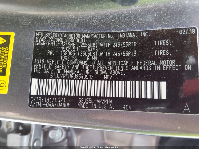 2018 Toyota Highlander VIN 5TDJZRFH8JS540917 IAAI salvage auction — LEFT FRONT, Salvage (Missouri), sold $10,500 on 2026-07-21 (photo 9)