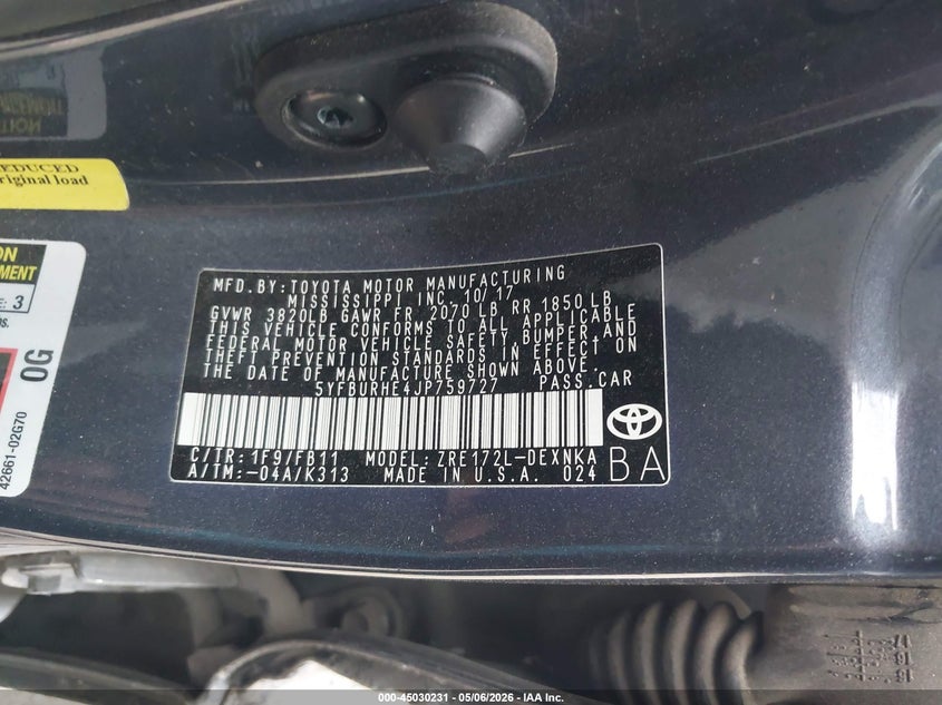2018 Toyota Corolla VIN 5YFBURHE4JP759727 IAAI salvage auction — FRONT END, Salvage (Texas), sold $1,200 on 2026-07-07 (photo 9)