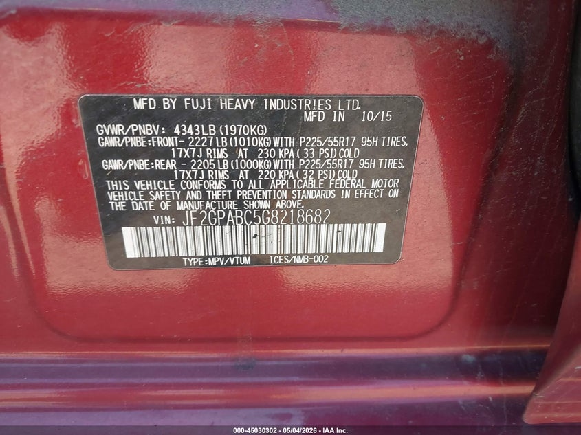 2016 Subaru Xv VIN JF2GPABC5G8218682 IAAI salvage auction — LEFT REAR, Mv-907A (New York), sold $825 on 2026-07-14 (photo 9)
