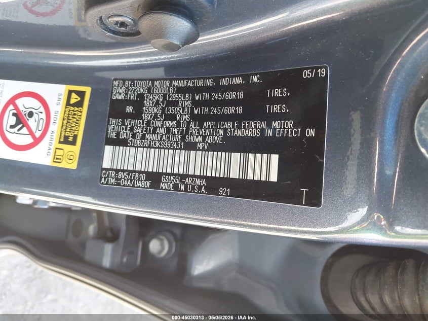 2019 Toyota Highlander VIN 5TDBZRFH3KS993431 IAAI salvage auction — RIGHT SIDE, Bill Of Sale (Washington), sold $575 on 2026-07-28 (photo 9)