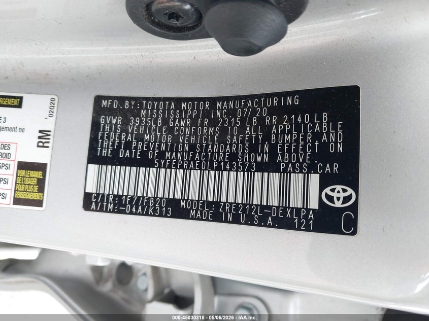 2020 Toyota Corolla VIN 5YFEPRAE0LP143573 IAAI salvage auction — FRONT END, Salvage (Oregon), sold $4,750 on 2026-07-30 (photo 9)