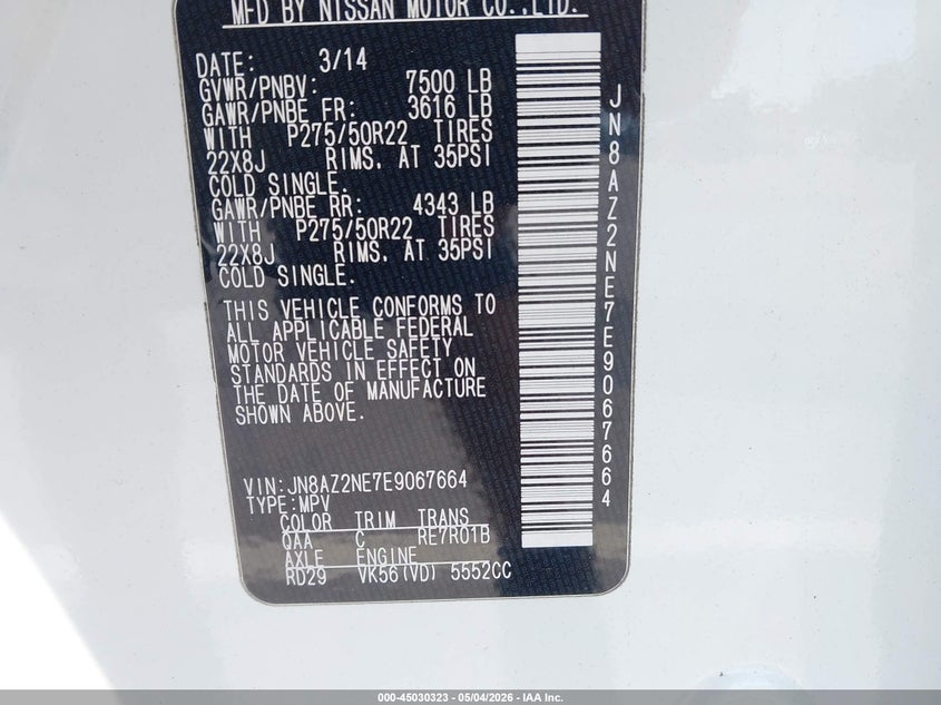 2014 Infiniti Qx80 VIN JN8AZ2NE7E9067664 IAAI salvage auction — VANDALISM, Salvage (North Carolina), sold $1,275 on 2026-07-15 (photo 9)