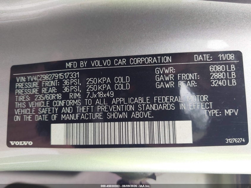 2009 Volvo Xc90 VIN YV4CZ982791517331 IAAI salvage auction — BIO HAZARD, Clear (Florida), sold $300 on 2026-07-09 (photo 9)