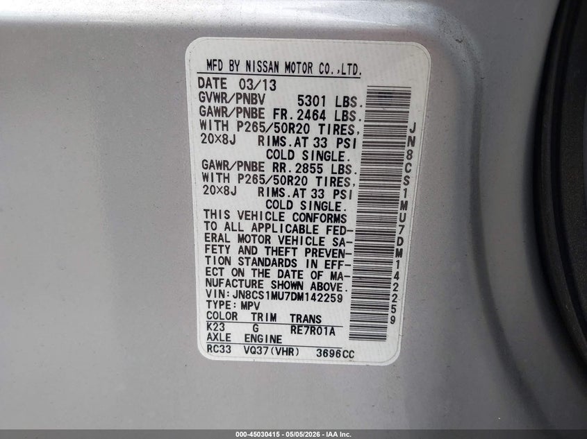 2013 Infiniti Fx VIN JN8CS1MU7DM142259 IAAI salvage auction — REAR END, Salvage (California), sold $3,500 on 2026-07-20 (photo 9)