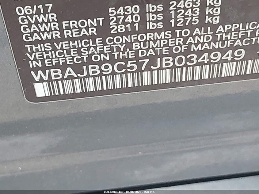2018 BMW 5er VIN WBAJB9C57JB034949 IAAI salvage auction — FRONT END, Original (Texas), sold $10,100 on 2026-07-24 (photo 9)