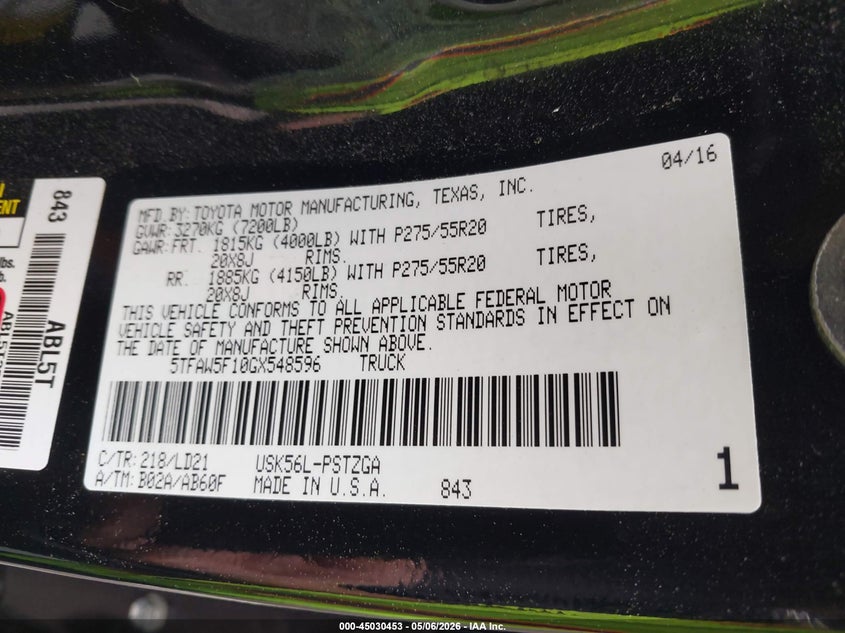2016 Toyota Tundra VIN 5TFAW5F10GX548596 IAAI salvage auction — FRONT END, Salvage (North Carolina), sold $12,600 on 2026-07-16 (photo 9)