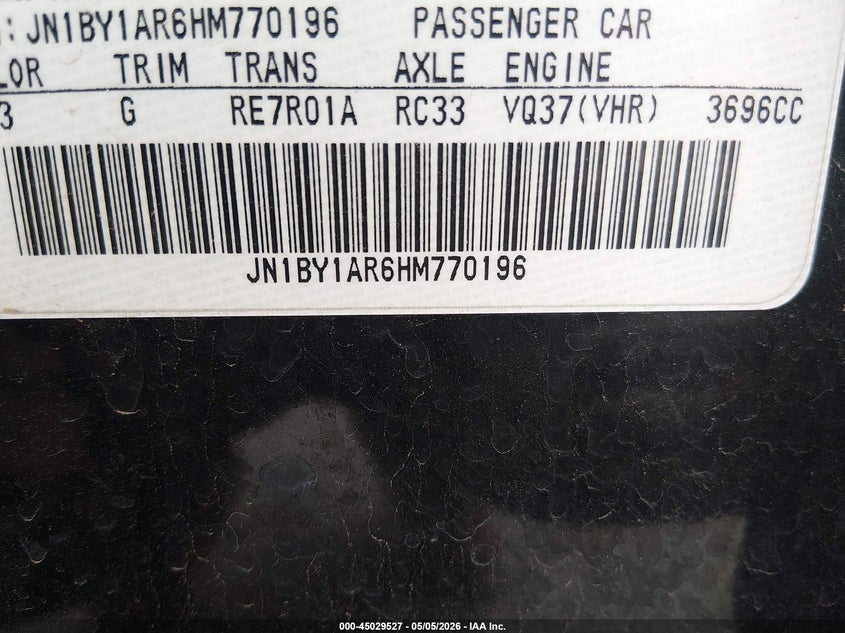 2017 Infiniti Q70 VIN JN1BY1AR6HM770196 IAAI salvage auction — FRONT END, Salvage (Kansas), sold $2,600 on 2026-07-31 (photo 9)
