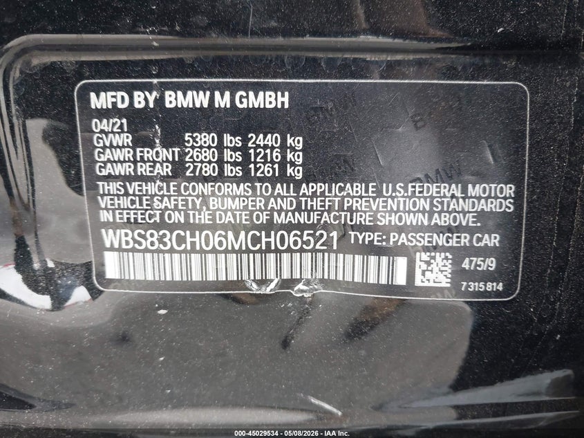 2021 BMW M5 VIN WBS83CH06MCH06521 IAAI salvage auction — LEFT SIDE, Salvage (California), sold $33,000 on 2026-07-06 (photo 9)