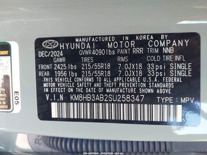 2025 Hyundai Kona VIN KM8HB3AB2SU258347 IAAI salvage auction — HAIL, Salvage (Ohio), sold $10,000 on 2026-07-31 (photo 9)