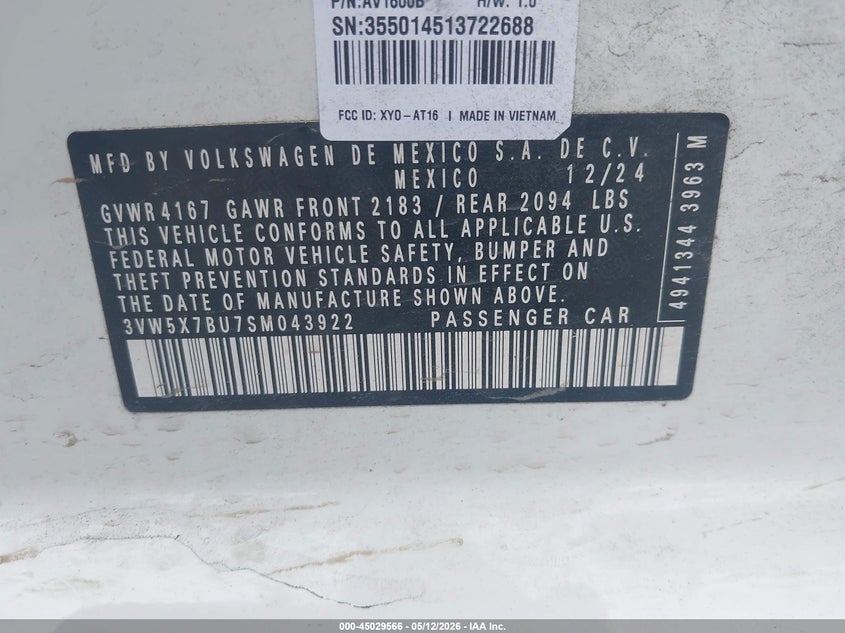 2025 Volkswagen Jetta VIN 3VW5X7BU7SM043922 IAAI salvage auction — LEFT & RIGHT, Salvage (California), sold $5,000 on 2026-07-25 (photo 9)