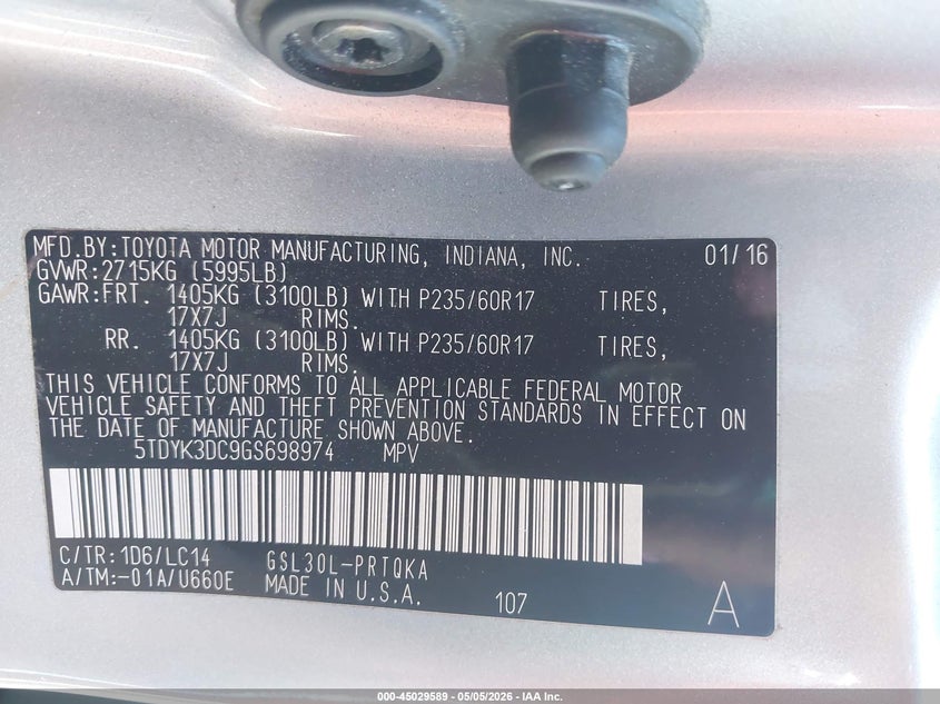 2016 Toyota Sienna VIN 5TDYK3DC9GS698974 IAAI salvage auction — REAR END, Salvage (North Carolina), sold $4,650 on 2026-07-30 (photo 9)