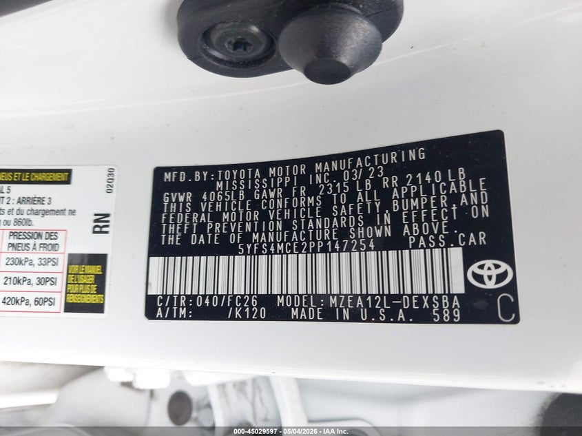 2023 Toyota Corolla VIN 5YFS4MCE2PP147254 IAAI salvage auction — RIGHT SIDE, Original (Texas), sold $9,850 on 2026-07-15 (photo 9)