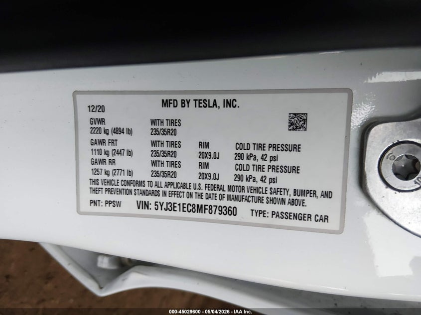 2021 Tesla Model 3 VIN 5YJ3E1EC8MF879360 IAAI salvage auction — RIGHT REAR, Salvage (Arizona), sold $7,300 on 2026-07-09 (photo 9)