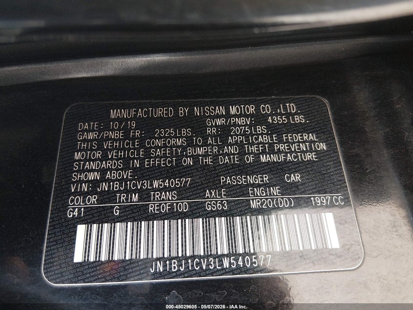 2020 Nissan Rogue VIN JN1BJ1CV3LW540577 IAAI salvage auction — FRONT END, Original (Texas), sold $2,050 on 2026-07-28 (photo 9)