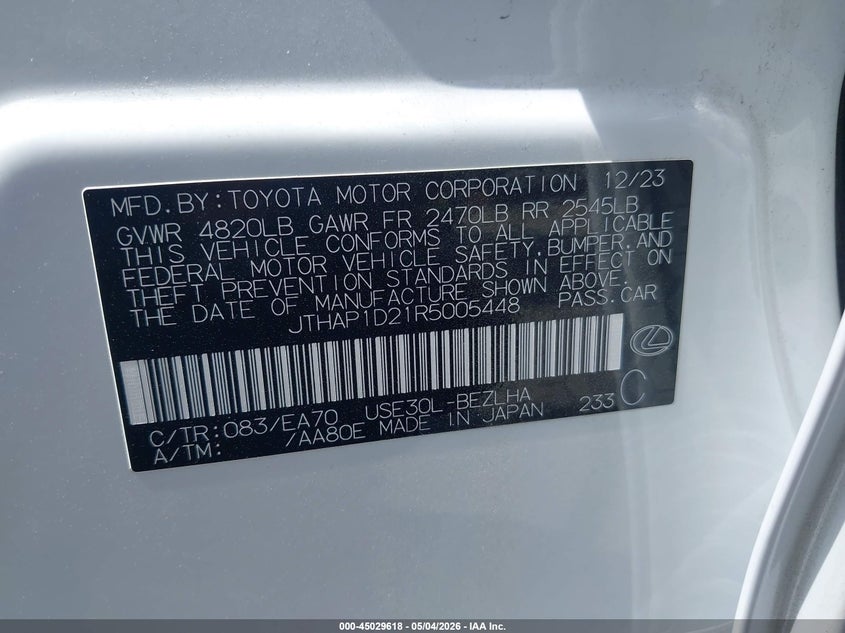 2024 Lexus Is VIN JTHAP1D21R5005448 IAAI salvage auction — Rear End, Salvage (California), sold $27,750 on 2026-06-22 (photo 9)
