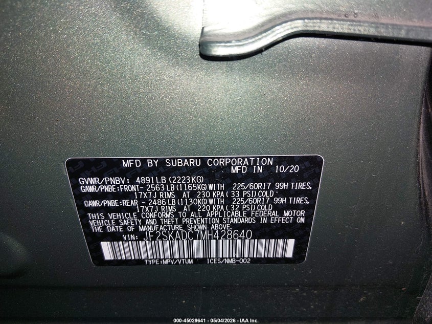 2021 Subaru Forester VIN JF2SKADC7MH428640 IAAI salvage auction — RIGHT REAR, Salvage (Oregon), sold $5,600 on 2026-07-29 (photo 9)
