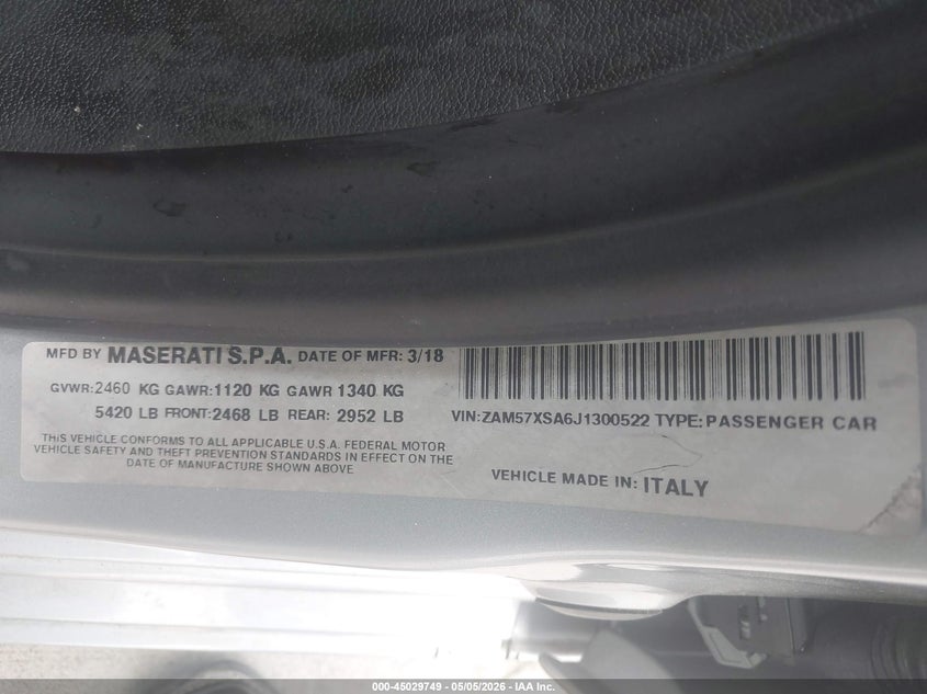 2018 Maserati Ghibli VIN ZAM57XSA6J1300522 IAAI salvage auction — REAR END, Original (Texas), sold $4,500 on 2026-07-10 (photo 9)