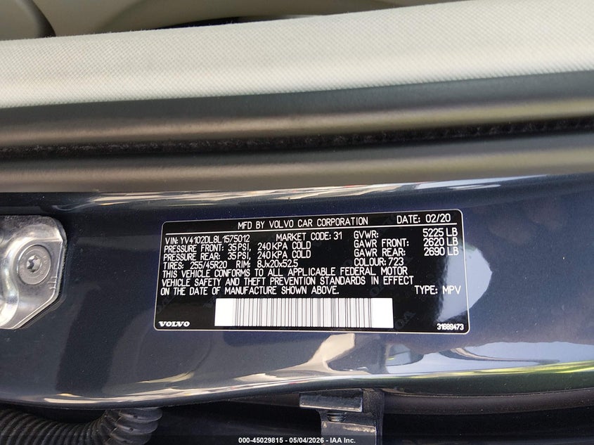 2020 Volvo Xc60 VIN YV4102DL8L1575012 IAAI salvage auction — FRONT END, Salvage (South Carolina), sold $1,150 on 2026-07-22 (photo 9)