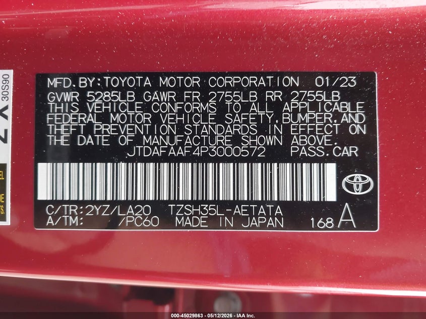 2023 Toyota Crown VIN JTDAFAAF4P3000572 IAAI salvage auction — UNKNOWN, Salvage (California), sold $7,200 on 2026-07-13 (photo 9)