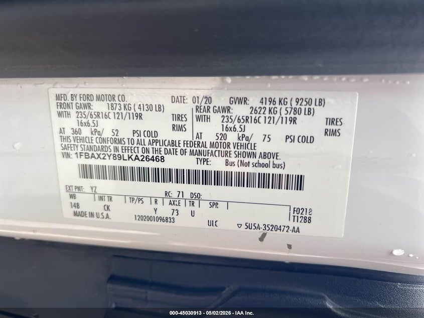 2020 Ford Transit-350 VIN 1FBAX2Y89LKA26468 IAAI salvage auction — NORMAL WEAR, Clear (Massachusetts), sold $12,575 on 2026-07-08 (photo 9)