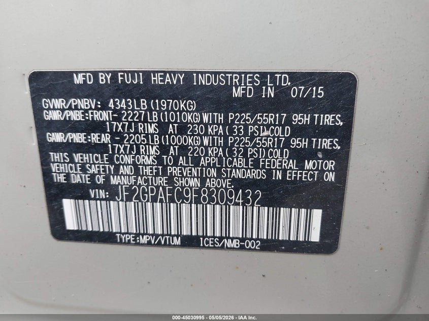2015 Subaru Xv VIN JF2GPAFC9F8309432 IAAI salvage auction — FRONT END, Mv-907A (New York), sold $25 on 2026-07-28 (photo 9)