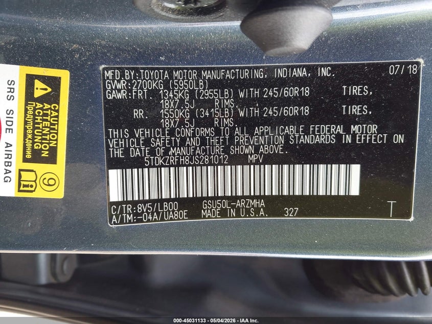 2018 Toyota Highlander VIN 5TDKZRFH8JS281012 IAAI salvage auction — LEFT SIDE, Salvage (Texas), sold $11,100 on 2026-07-07 (photo 9)