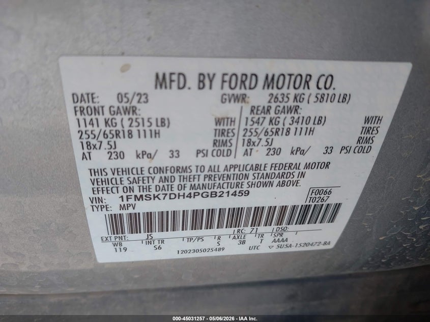 2023 Ford Explorer VIN 1FMSK7DH4PGB21459 IAAI salvage auction — RIGHT FRONT, Salvage (Arizona), sold $3,100 on 2026-07-09 (photo 9)